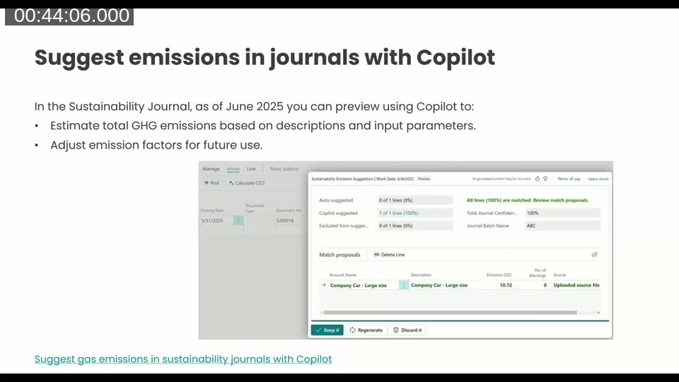 Slide showing the Suggest emissions in journals with Copilot feature including a preview of the Copilot pane in the Sustainability Journal