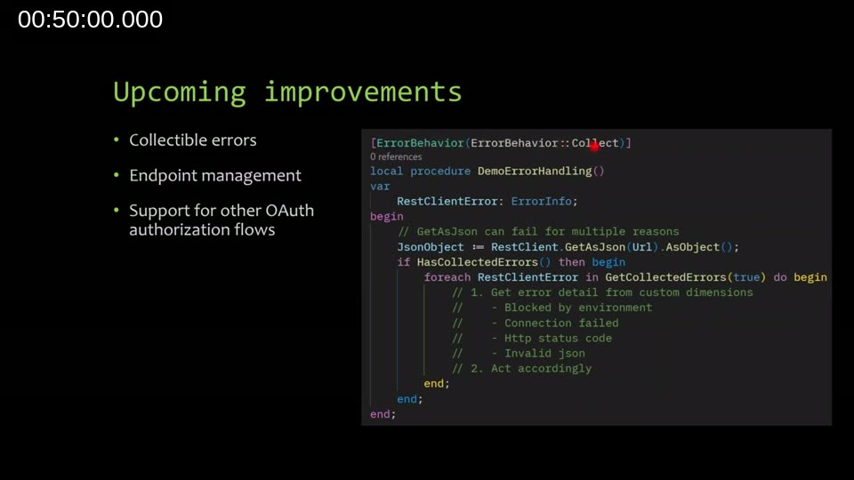 Slide listing upcoming Rest Client improvements — collectible errors, endpoint management, and additional OAuth flows — with a code example using ErrorBehavior::Collect