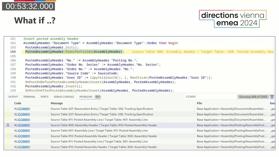 VS Code Problems panel showing 400+ TransferFields combinations extracted from the Base Application using a custom analyzer rule.