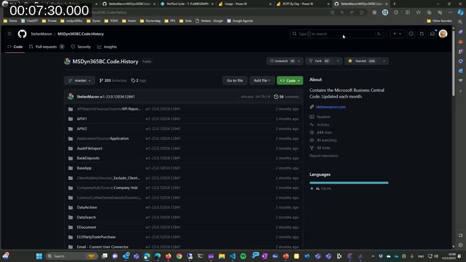 GitHub view of StefanMaron/MSDyn365BC.Code.History repository showing the W1-23.0 branch with the full Business Central base application source tree (APIV1, APIV2, Application, BaseApp, etc.) mirrored from Microsoft.