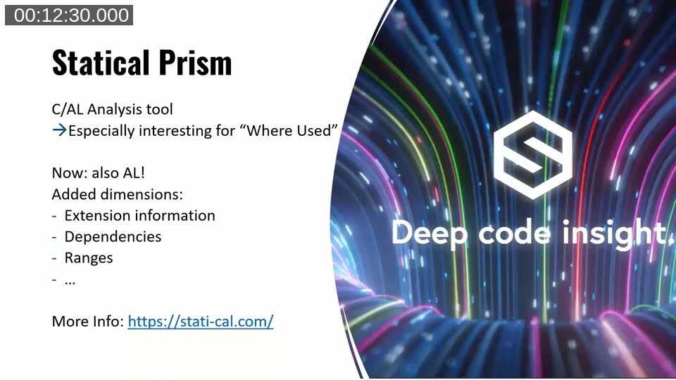 Statical Prism slide describing the tool as a C/AL analysis tool now extended to AL, especially useful for Where Used analysis with extension information, dependencies and ranges; link https://stati-cal.com.