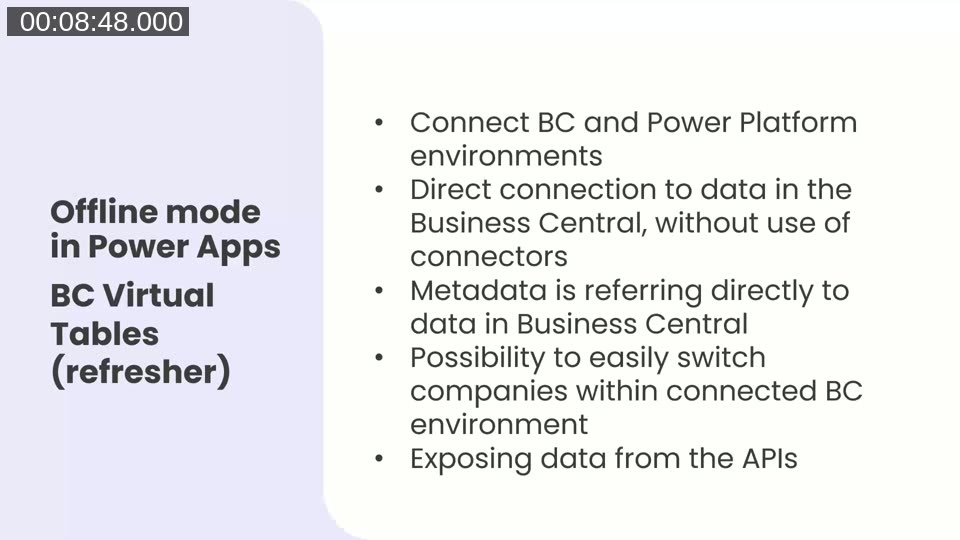 Slide: BC Virtual Tables refresher — connect BC and Power Platform, direct data access without connectors, metadata refers to BC, easy company switching, data exposed from APIs.