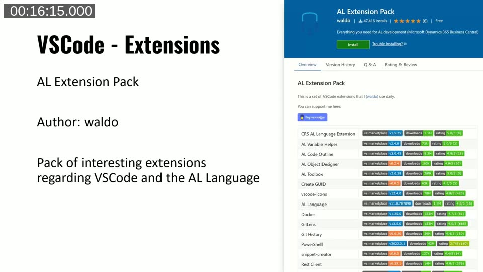 VS Code Extensions slide showing the AL Extension Pack by waldo on the VS Code marketplace with its included extensions: CRS AL Language Extension, AL Variable Helper, AL Code Outline, AL Object Designer, AL Toolbox, Create GUID, vscode-icons, AL Language, Docker, GitLens, Git History, PowerShell, snippet-creator and Rest Client.