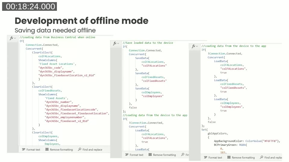 Power Apps Studio showing three code panels: loading data from Business Central when online using ClearCollect with ShowColumns, saving collections to the device with SaveData, and loading data from the device using LoadData when offline.