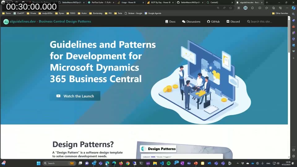 alguidelines.dev homepage in a browser showing the heading 'Guidelines and Patterns for Development for Microsoft Dynamics 365 Business Central' with Docs, Discussions, GitHub and Discord navigation links.