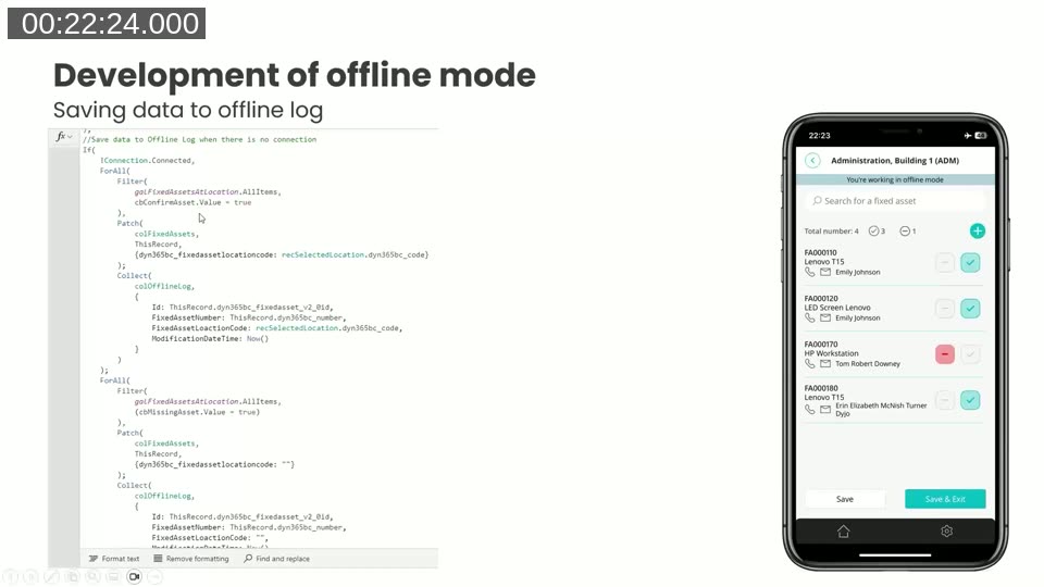 Power Apps Studio code panel for saving data to offline log alongside a mobile phone mockup showing the Fixed Asset Counting app in offline mode with assets confirmed and missing.