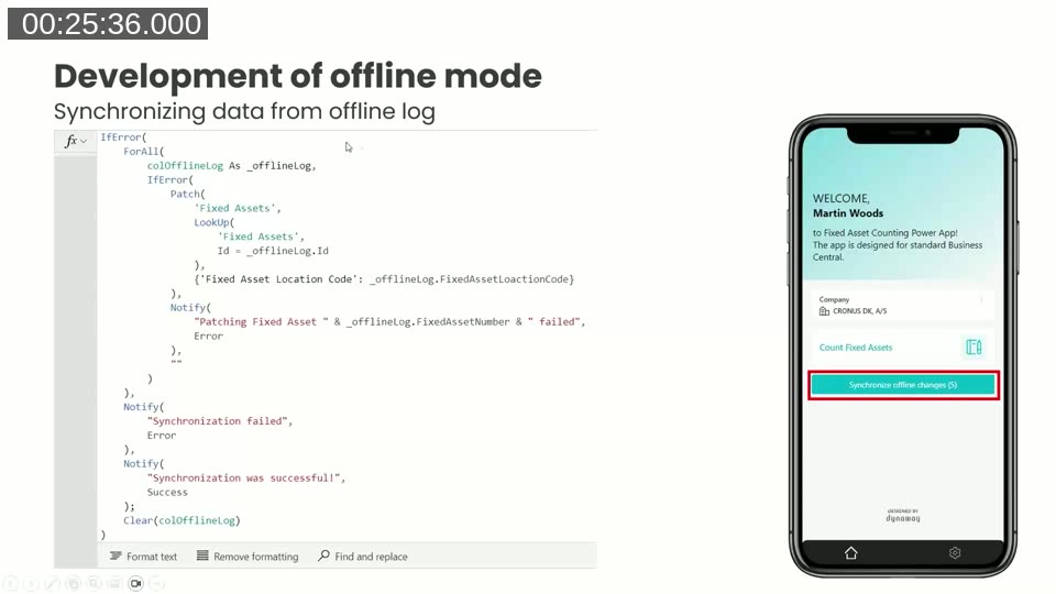 Power Apps Studio synchronisation code using IfError and ForAll to patch the Fixed Assets virtual table, alongside a mobile mockup showing the Synchronise offline changes button with a count of 5 pending changes.