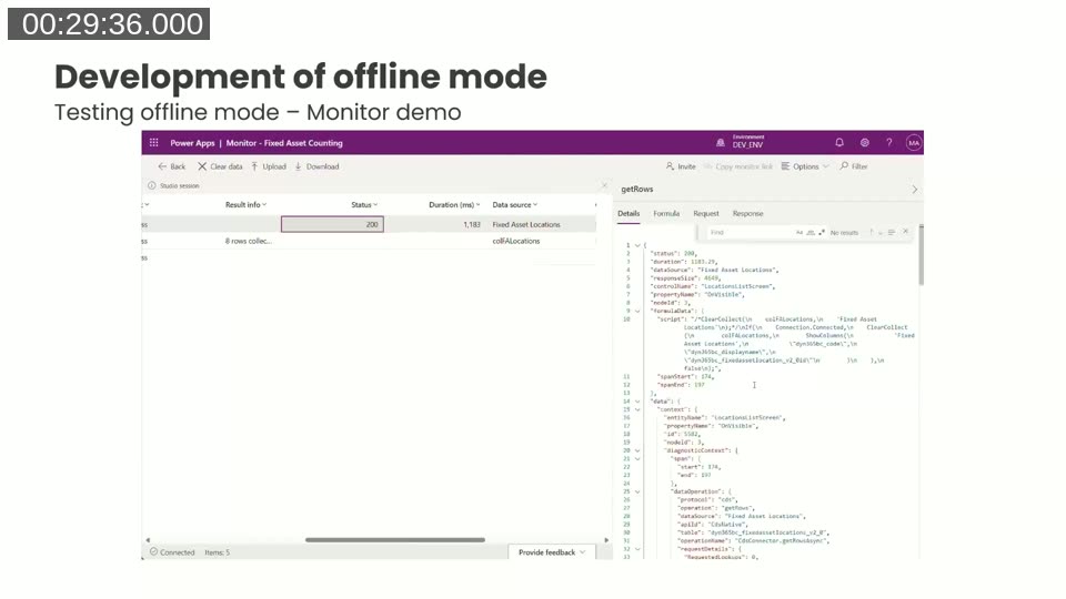Power Apps Monitor tool open in a browser tab alongside the studio session, showing getRows request details for Fixed Asset Locations virtual table with status 200 and a 1183ms duration.