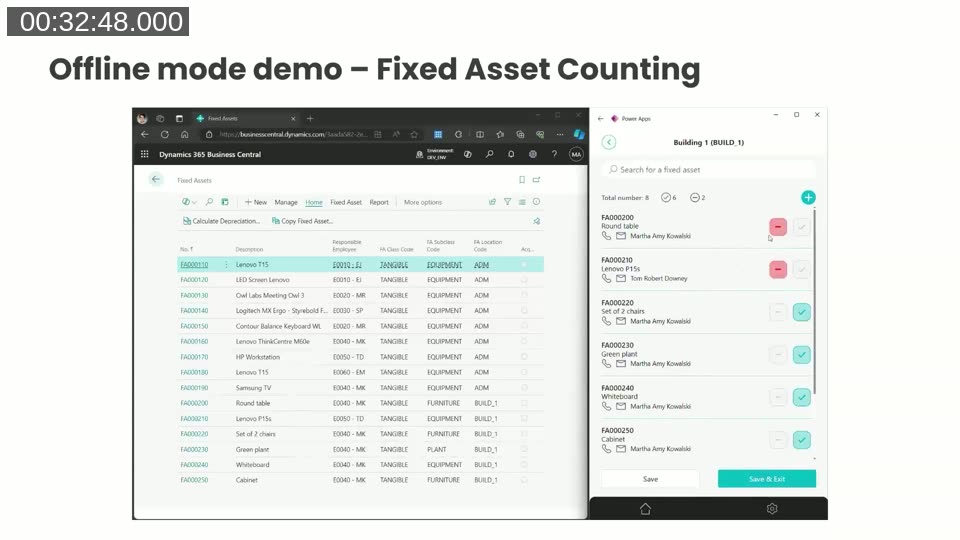 Demo: Business Central Fixed Assets list on the left showing location codes, and the Fixed Asset Counting Power App on the right in Building 1 with assets being confirmed or marked as missing.