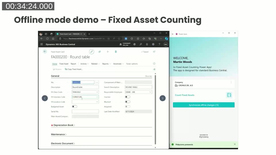 Demo: After going offline — Business Central Fixed Asset card for FA000200 on the left, and the Fixed Asset Counting Power App home screen on the right showing the Synchronise offline changes button with 15 pending changes.