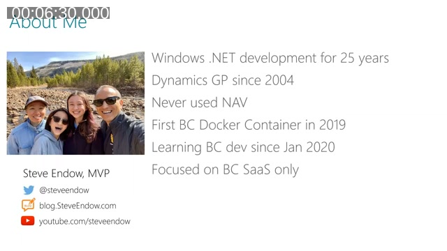 Slide titled 'About Me' listing Steve Endow's background: 25 years of Windows .NET development, Dynamics GP since 2004, never used NAV, first BC Docker container in 2019, learning BC development since January 2020, focused on BC SaaS only