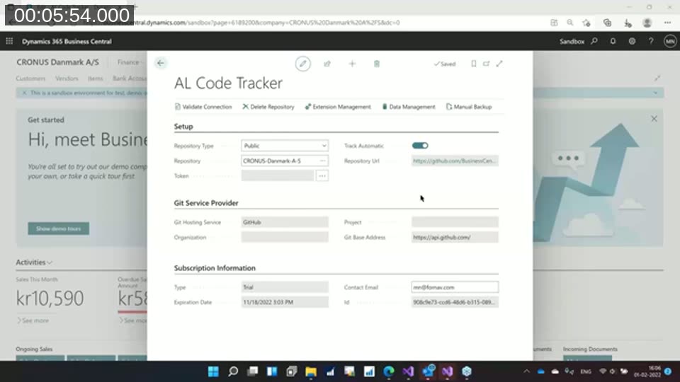 AL Code Tracker setup page in Business Central showing repository type, automatic tracking toggle, and Git service provider configuration