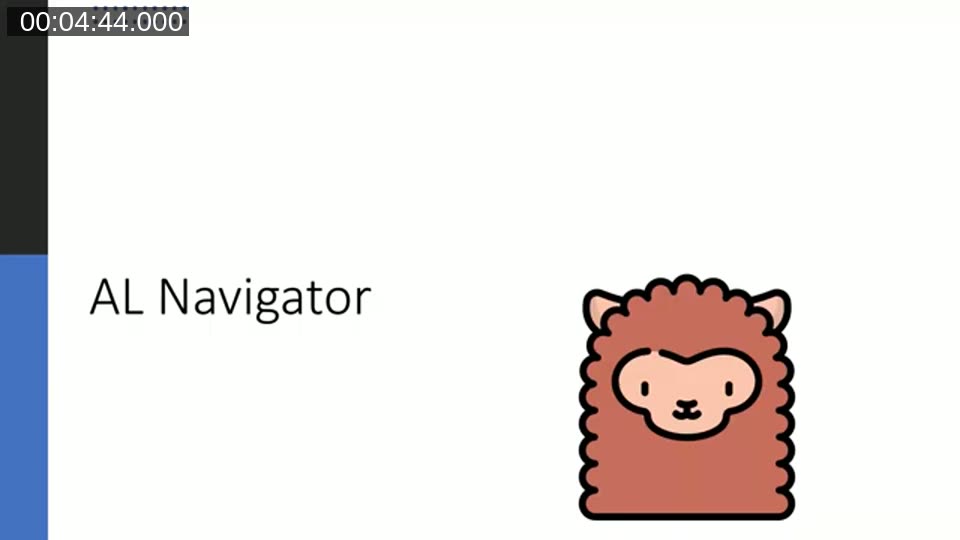 AL Navigator title slide with the extension's alpaca icon