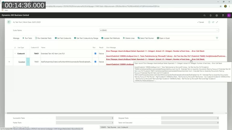 AL Test Tool page in Business Central showing a failing test with an Assert.AreEqual error message and call stack