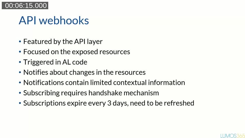 Slide listing the characteristics of API webhooks in Business Central