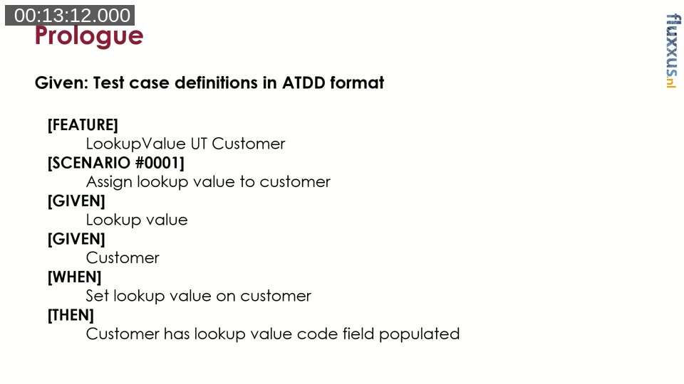 Slide showing a complete ATDD test case definition with FEATURE, SCENARIO, GIVEN, WHEN, and THEN tags for assigning a lookup value to a customer in Business Central