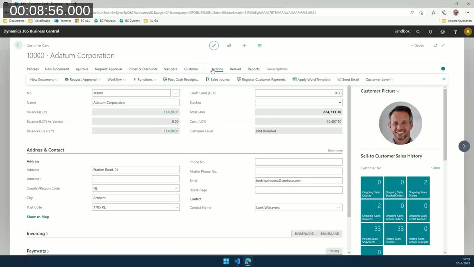 Business Central 20 customer card showing the old-style action bar with a Process group and an Actions menu