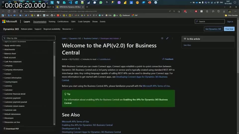 Microsoft Learn documentation page: Welcome to the API (v2.0) for Business Central, showing the list of standard entities in the left navigation