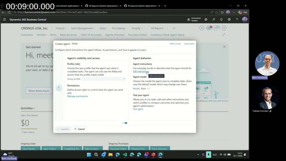 Create agent dialog in Business Central showing profile, permissions, agent instructions, agent model, and test agent options
