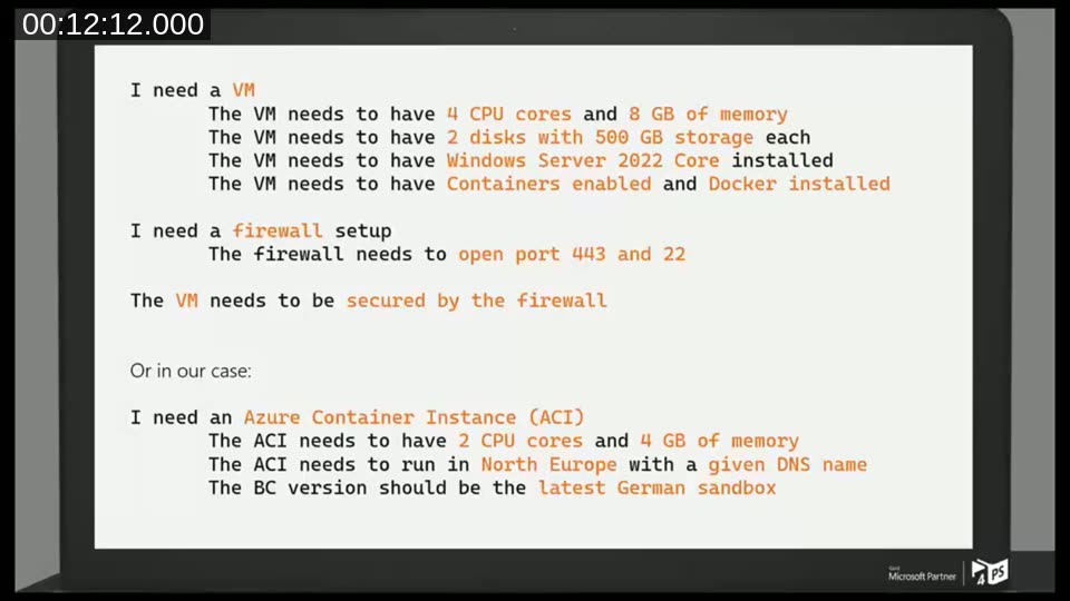 Slide showing a declarative Infrastructure as Code example describing a VM, firewall, and an Azure Container Instance for Business Central