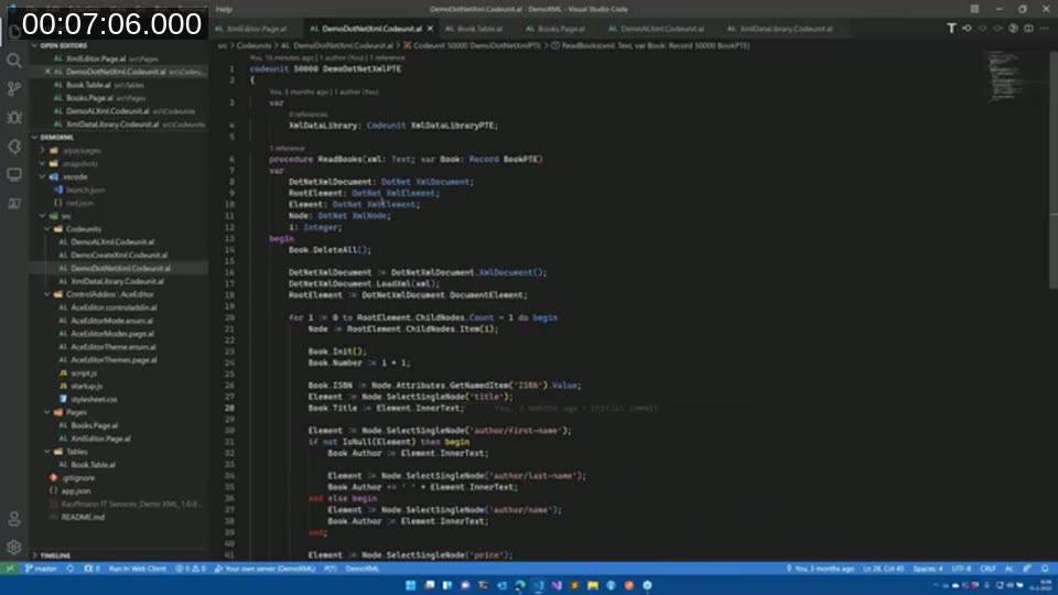 AL codeunit using .NET XmlDocument, XmlElement, and XmlNode objects to read a bookstore XML file into a Book table