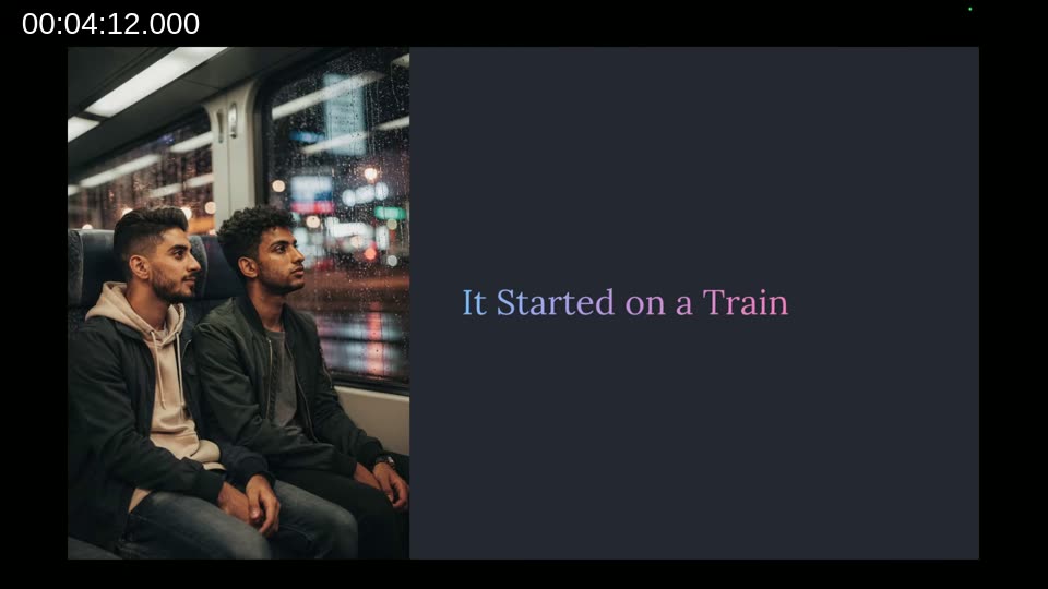 Slide titled 'It Started on a Train' showing two young men sitting on a train at night, illustrating the opening story about learning NAV as an intern