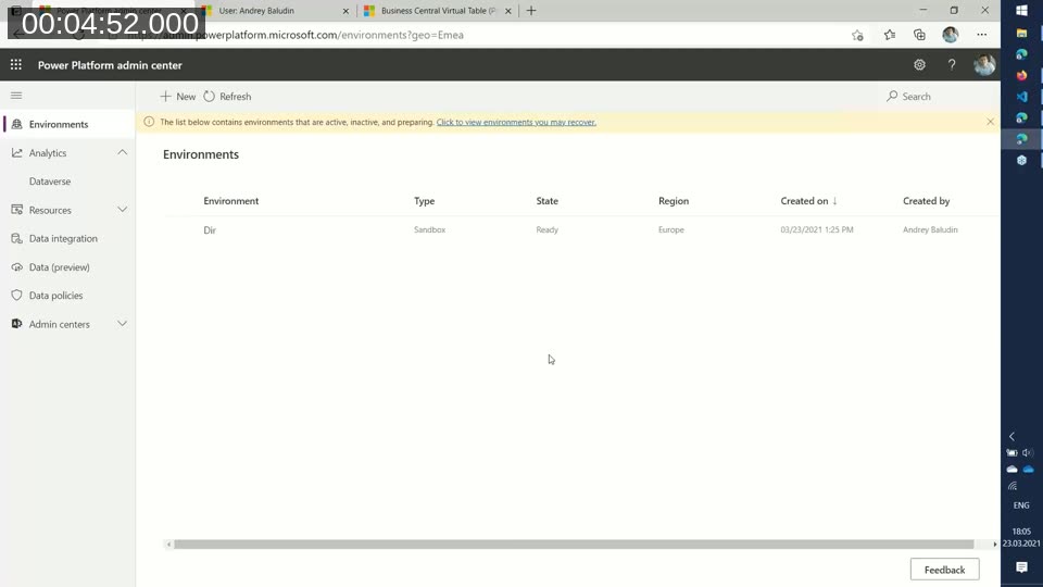 Power Platform admin center showing the Environments list used to create a Dataverse environment