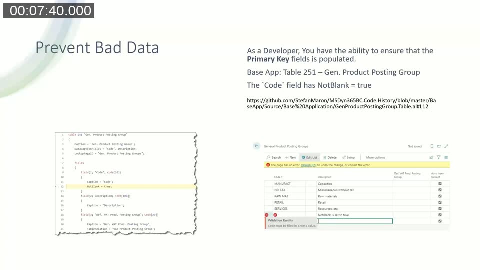 AL code showing the NotBlank property set to true on the Code field of table 251, next to a page showing the resulting validation error