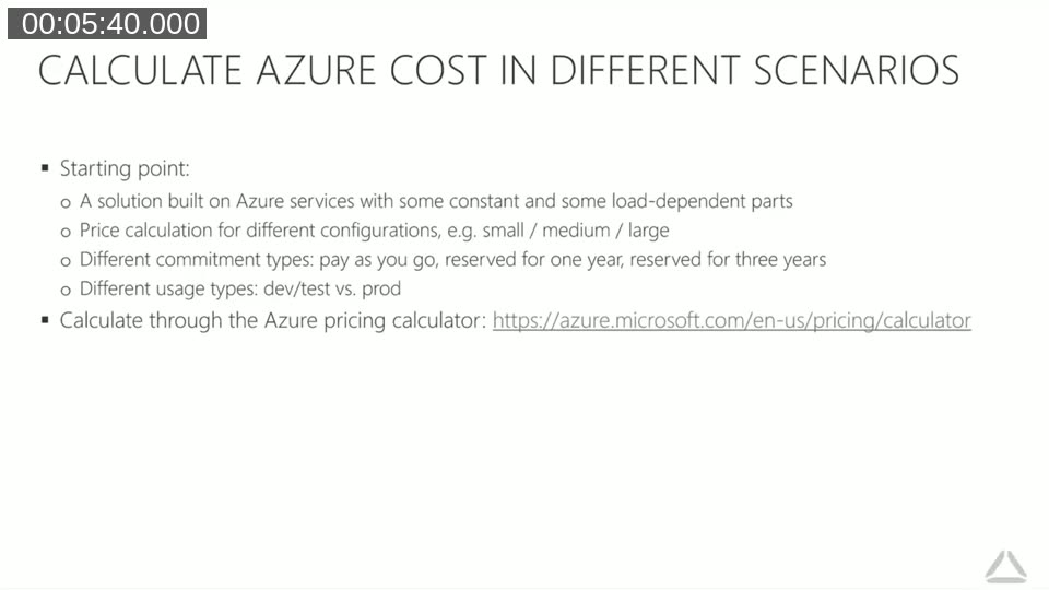 Slide titled 'Calculate Azure cost in different scenarios' listing constant vs. load-dependent parts, small/medium/large configurations, commitment types, and dev/test vs. production usage types
