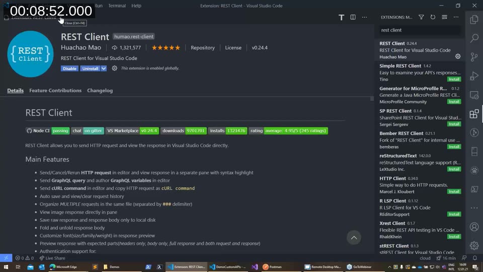 REST Client extension page in the Visual Studio Code Marketplace, showing features and download stats