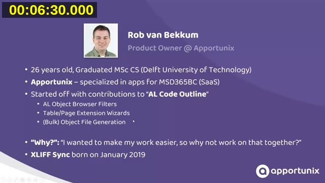 Slide introducing Rob van Bekkum, Product Owner at Apportunix, creator of XLIFF Sync