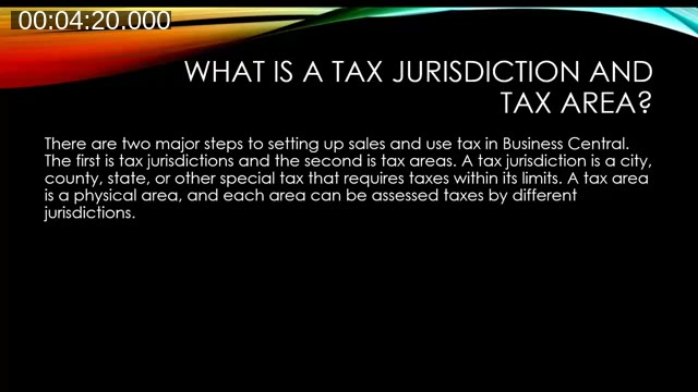 Slide defining tax jurisdiction and tax area concepts in Business Central
