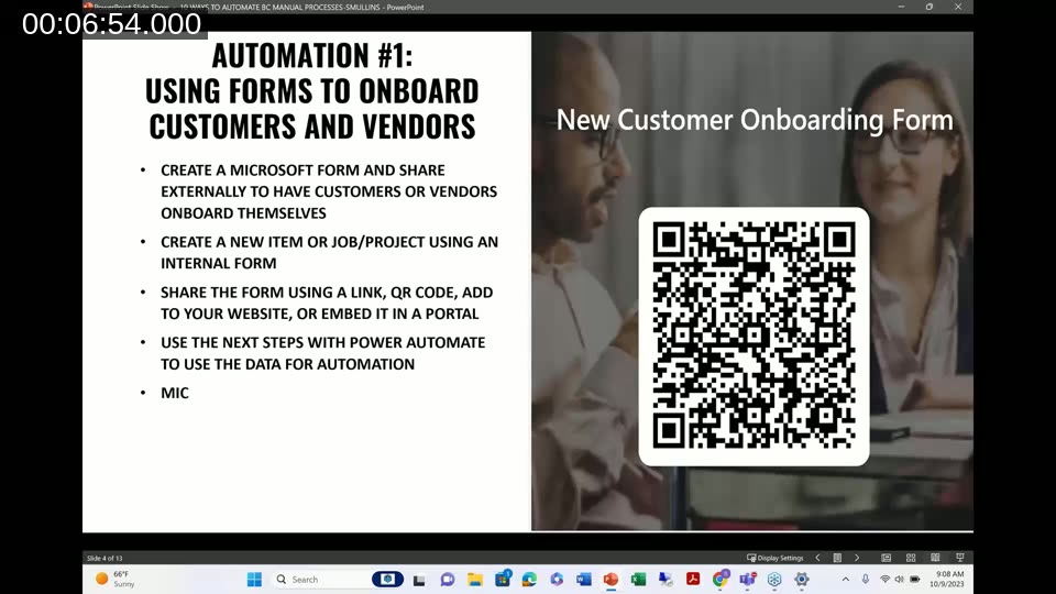 Automation tip 1 slide: using Microsoft Forms to onboard customers and vendors, with a QR code linking to a new customer onboarding form