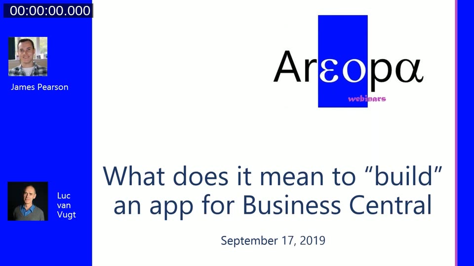 Areopa Webinar title slide: What does it mean to build an app for Business Central, presented by James Pearson