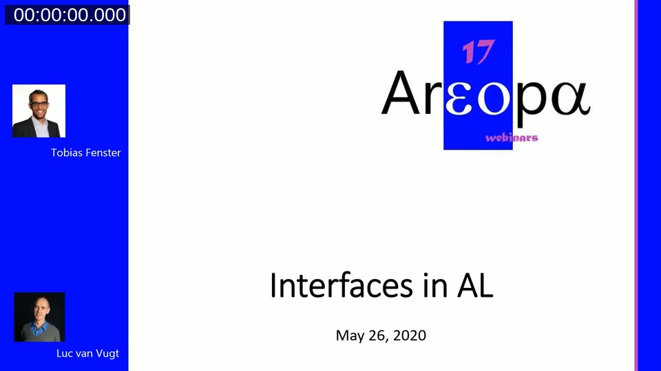Title slide: Interfaces in AL, Areopa Webinar #17, May 26 2020, presenter Tobias Fenster, moderator Luc van Vugt