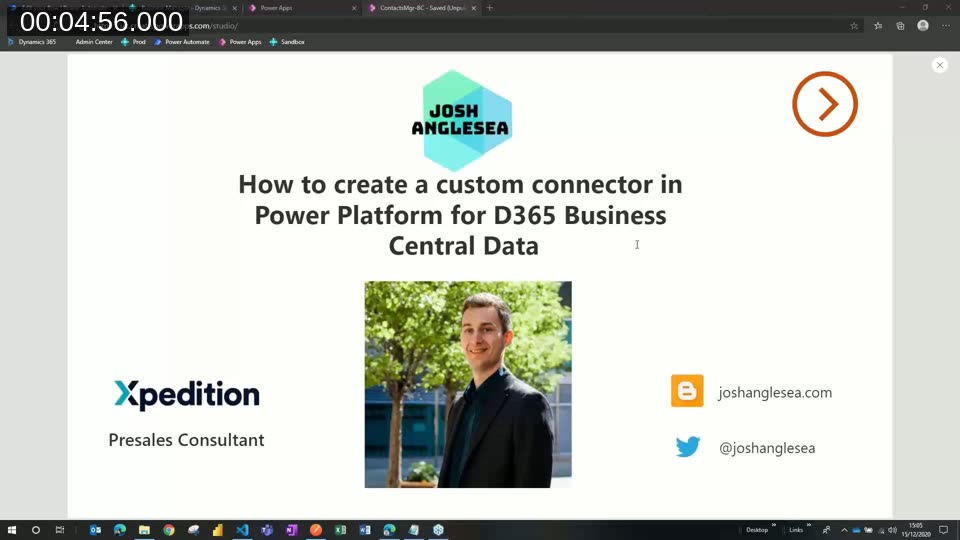 Title slide: How to create a custom connector in Power Platform for D365 Business Central Data, presented by Josh Anglesea
