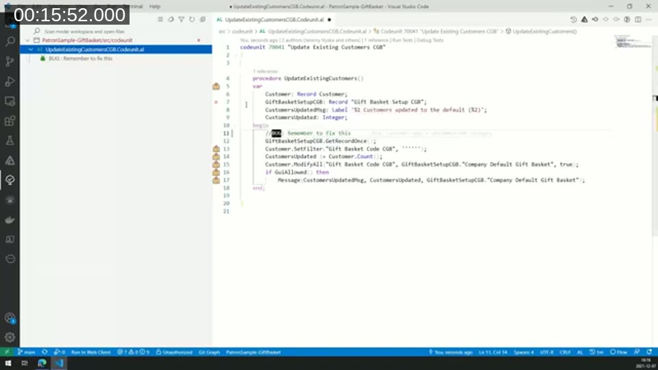 Todo Tree extension showing a BUG reminder tracked in the tree view and inline in AL code