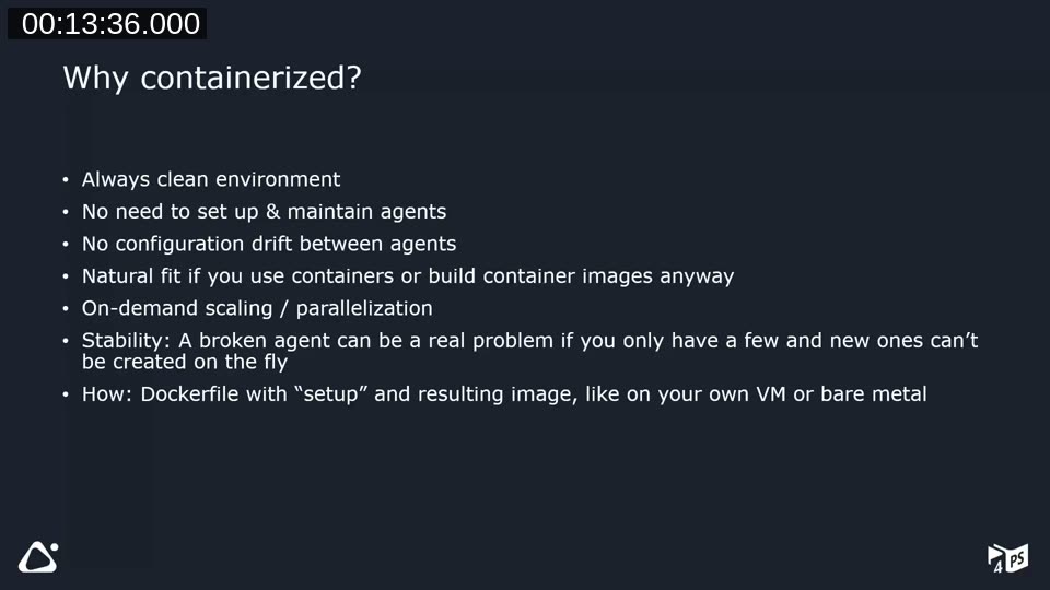 Slide listing reasons to containerize build agents: always clean environment, no need to set up and maintain agents, no configuration drift, natural fit with containers, on-demand scaling, stability