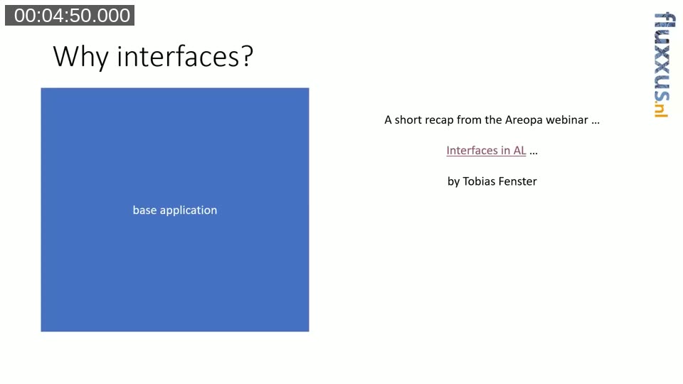 Slide showing why interfaces matter: swapping a price calculation component in the base application