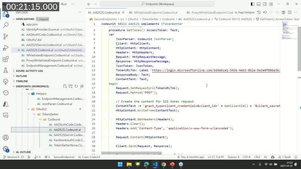 AL code for the AADS2S codeunit sending a POST request with client_credentials grant type to the Azure AD token endpoint