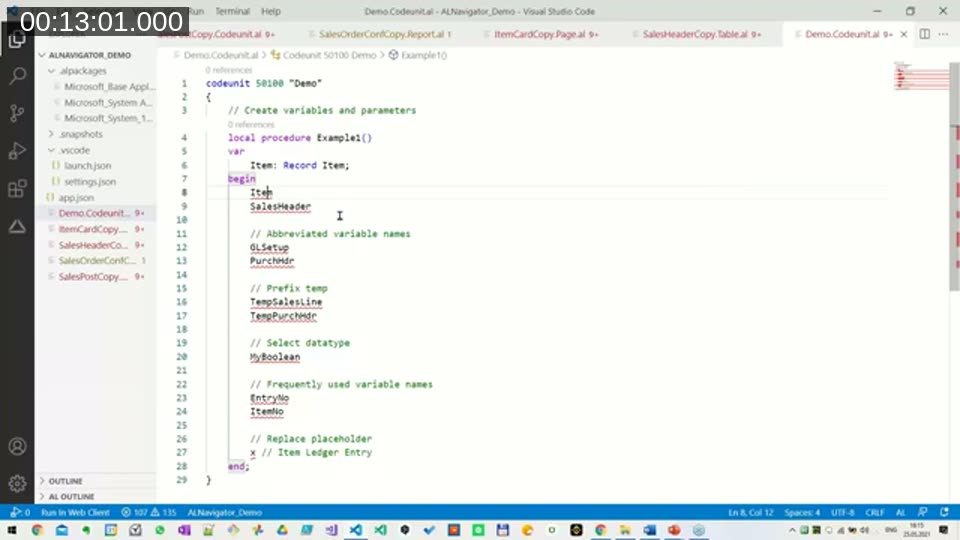 AL Navigator demo codeunit showing variable creation examples: abbreviated names, temp-prefixed records, a boolean data type, frequently used variable names, and a replace placeholder