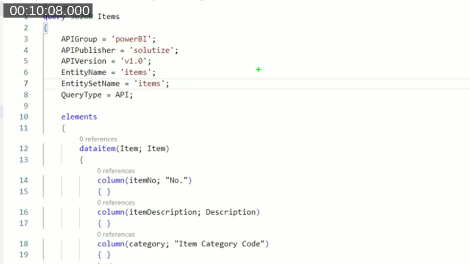 AL code for a custom query object named Items with APIGroup powerBI, APIPublisher solutize, and an Item data item exposing columns like itemNo and itemDescription