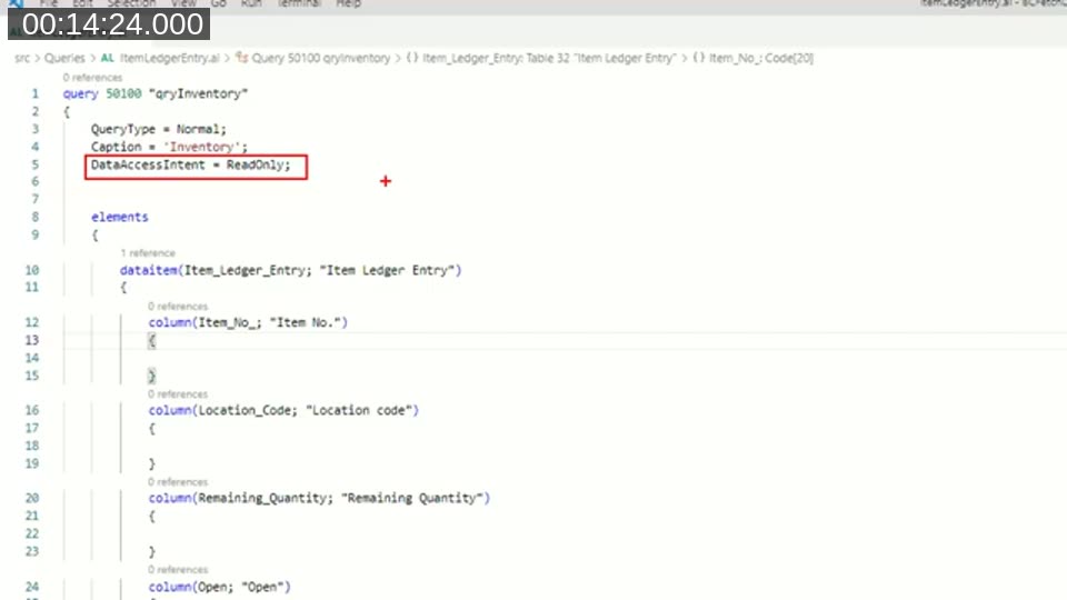 AL code for the qryInventory query object in Business Central, with the DataAccessIntent property set to ReadOnly highlighted