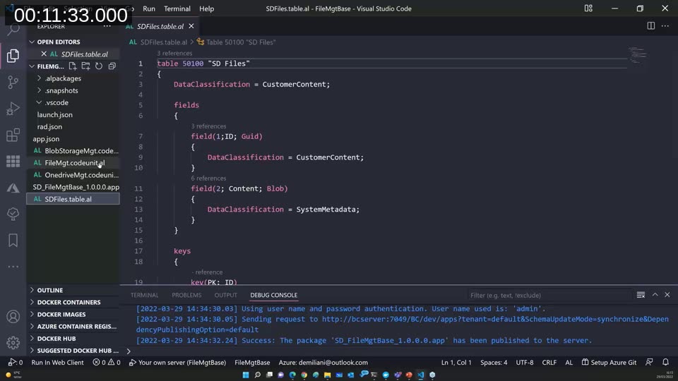 AL code showing a custom table with an ID field and a Content field of type Blob, used to store files