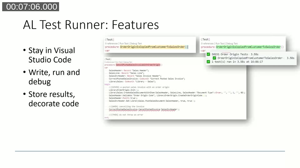 Slide listing AL Test Runner's core features next to a code sample showing test decorations and results in VS Code