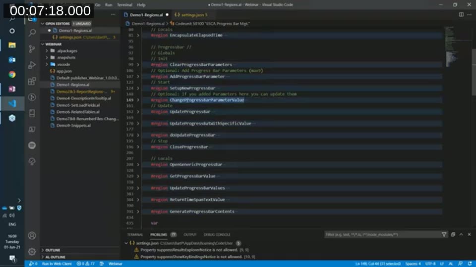 AL codeunit with AL Toolbox regions collapsed, showing a quick-navigation outline of all functions