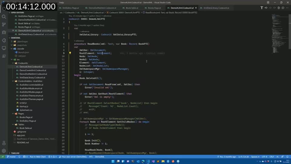 AL codeunit rewritten with native XmlDocument, XmlElement, and XmlNode data types, showing ReadFrom and GetRoot calls