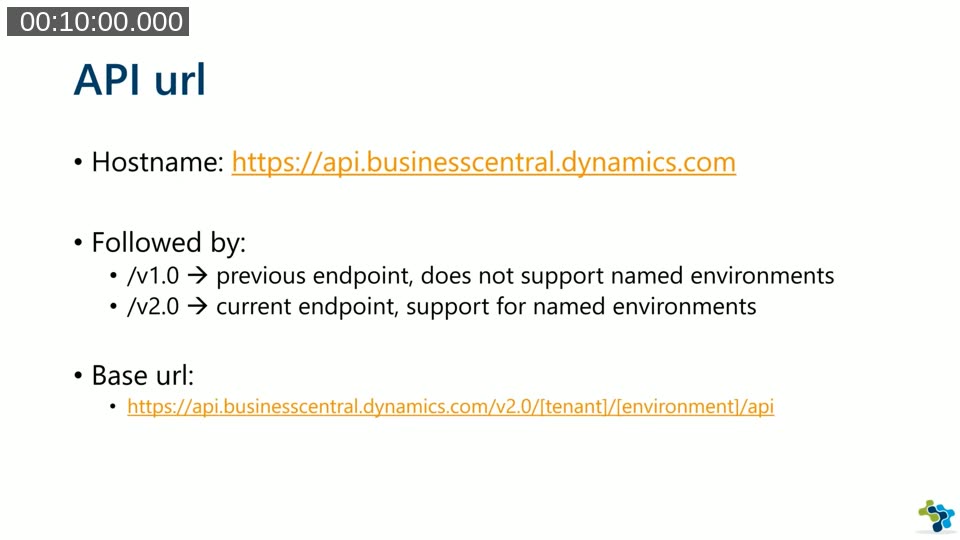 The Business Central API URL structure, with v1.0 and v2.0 endpoint differences explained