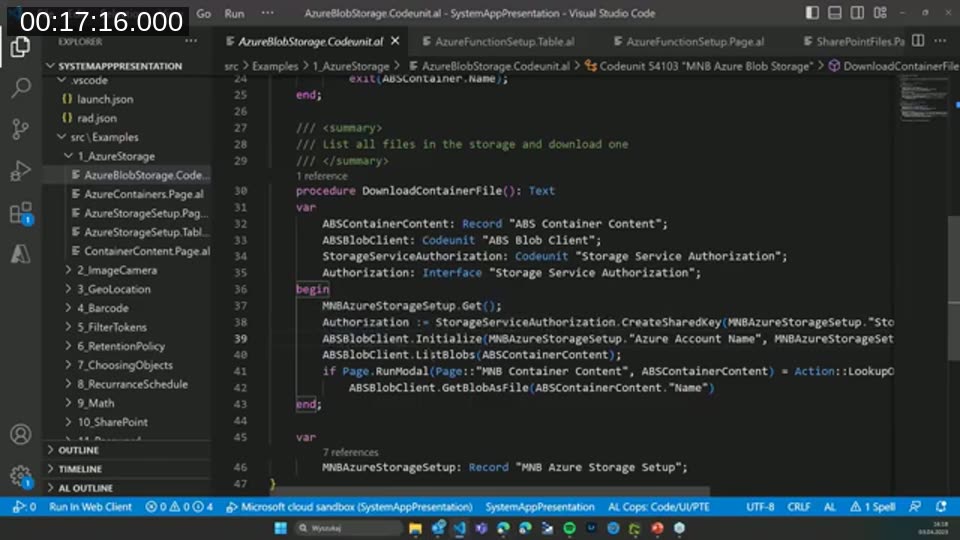 AL code for the DownloadContainerFile procedure using the ABS Blob Client codeunit and Storage Service Authorization interface