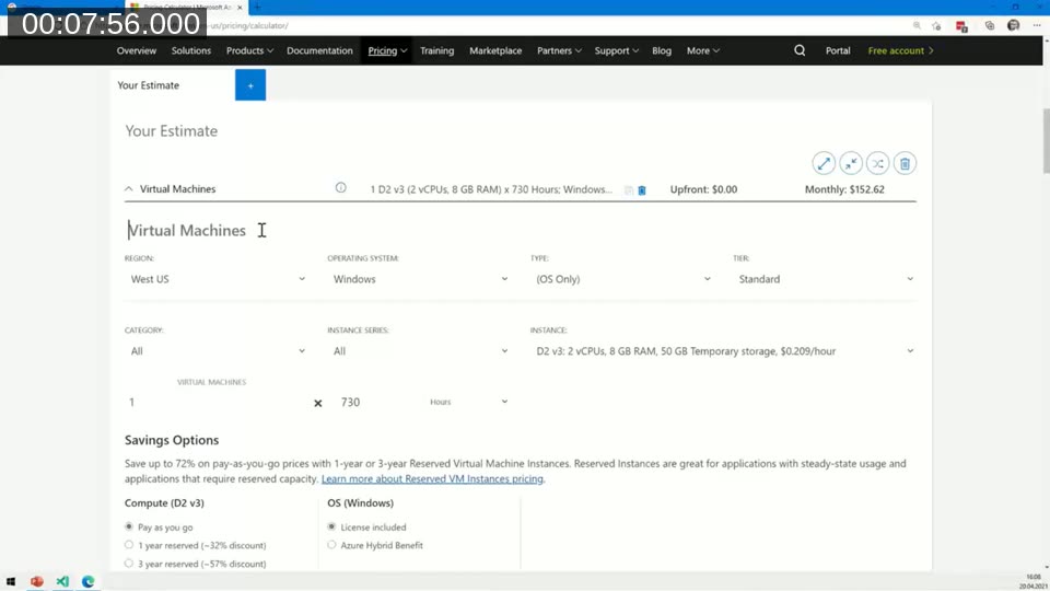 Azure Pricing Calculator web UI showing a virtual machine estimate with region, operating system, instance type, and monthly cost, plus savings options for reserved instances